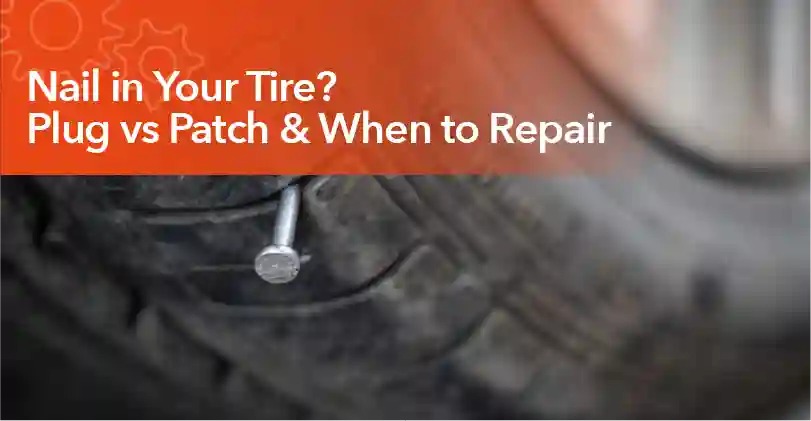 Nail in a tire showing the difference between a plug and patch repair options.